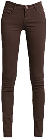 Женски слаби фармерки од средно половината, обични тенок тенок, фит -обоени панталони, мода цврста боја потресени панталони за тексас