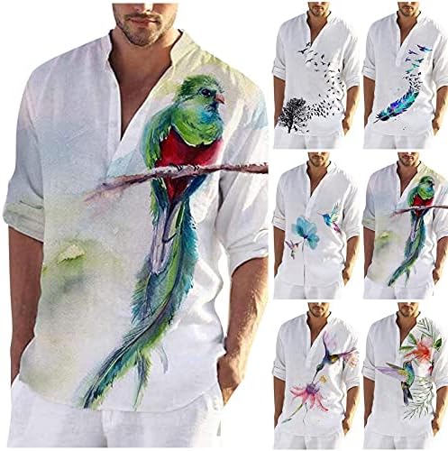 УБСТ машки V вратот Хенли кошули, памучен постелнина со долги ракави остава птици печатат обични врвови на плажа на плажа на хавајски кошули