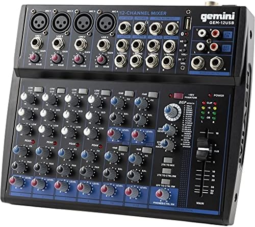 Gemini Sound Professional Audio опрема Gem-12usb Компактен ротирачки 12 канали во живо звук музика подкаст Bluetooth USB DJ Mixers со 3 опсези