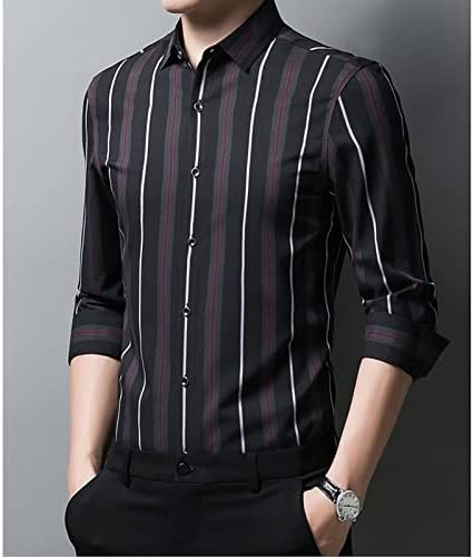 Копчето Jeke-DG Mens Down Striped дното на дното на долги ракави, деловни обични блузи лапел удобност врвна облека за облекување