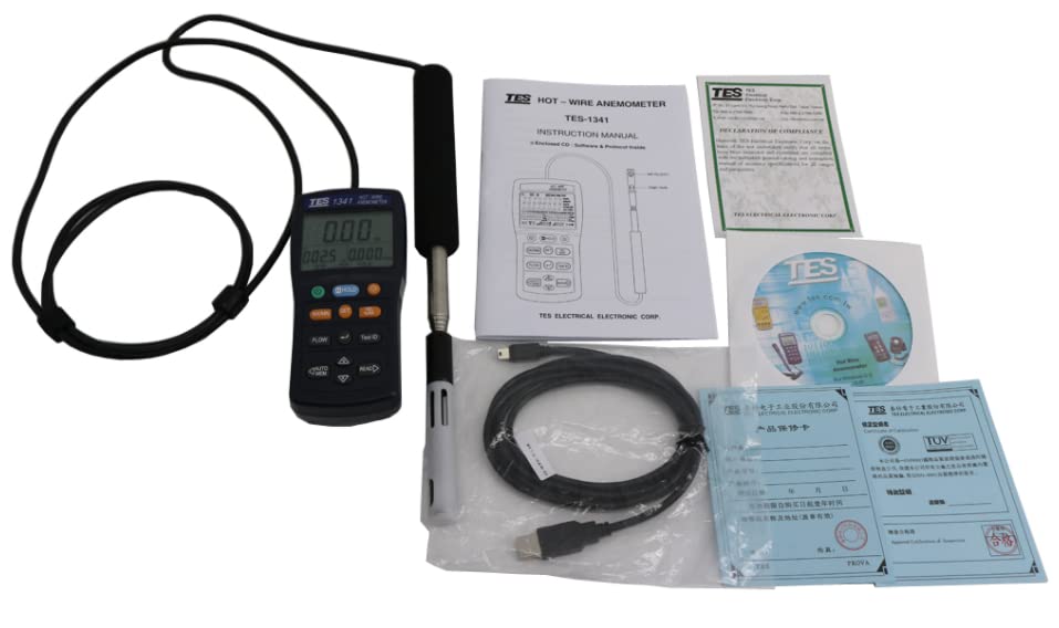 Raesung TES-1341 Дигитален анемометар Мерач на проток на ветер на ветер тестер топла жица анемометар TES1341 Hot Wire Thermo Anemometer