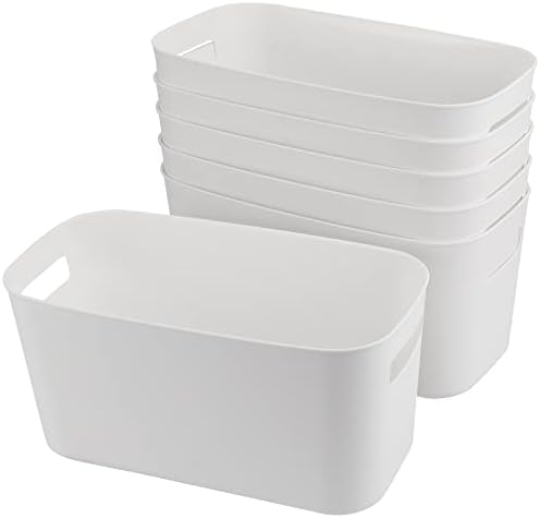 Sinjeun 6 пакет 11 инчи долга бела пластична бања за складирање на суета за бања, канта за бела пластика за домаќинство со рачка, голем