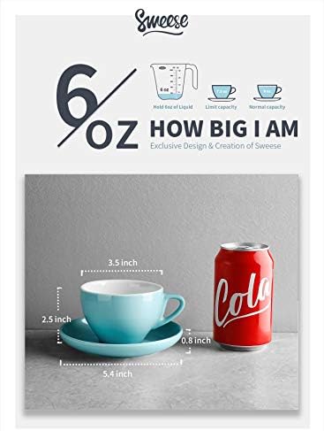 Sweese 403.002 Порцелански капучино чаши со чинии - 6 унца за специјализирани пијалоци за кафе, лате, кафе мока и чај - сет од 6, разнобојни,