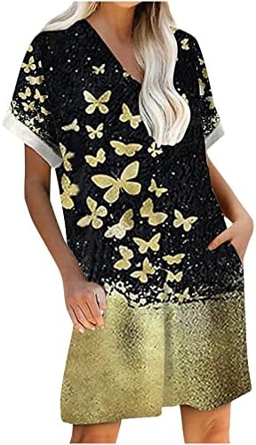Летен фустан со V-врат за жени печатени кратки ракави за сусперзии џебови фустан за пулвер#1