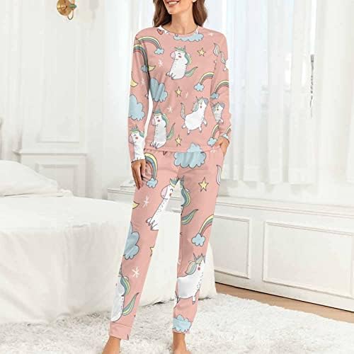 Среќни Еднорози На Розова Женска Пижама Комплети Дводелна Дневна Облека За Спиење Со Долги Ракави Со Џебови