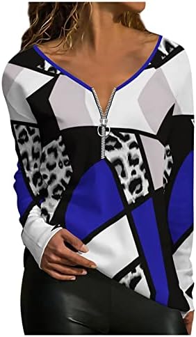 Женски обичен темпераментен патент пуловер V-вратот Неправилен шарен геометриски печатени врвни долги ракави врвни блузи