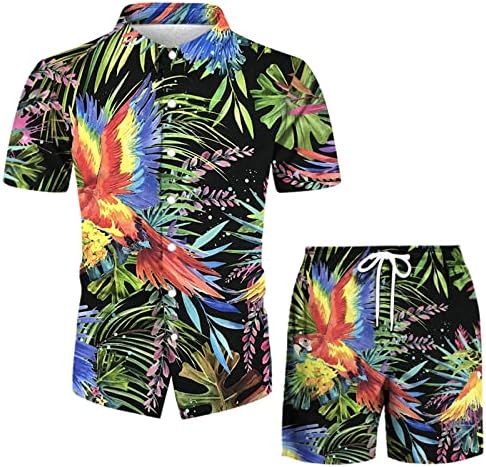 Менс 2 парчиња сетови летни мажи пролетно лето лето -обичен плажа случајна копче за кратки ракави со кратки ракави печатени шорцеви