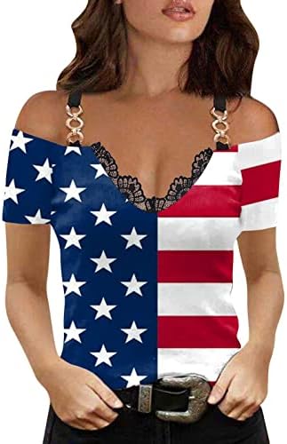 Зип -блузи девојки 2023 година со кратки ракави ладно рамо чипка памук V врат Американско знаме графички врвен маица за жени