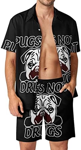 Weedkeycat Pugs-Не-лекови за машка плажа облека 2 парчиња Хавајски копче надолу со кошула Краток ракав и шорцеви на багажникот