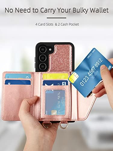Wrukklca компатибилен со Samsung Galaxy S23 Case Case, Сјајно телефонски случај со држач за картички, кожен случај со каиш за вкрстени ленти