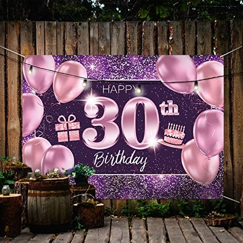 Пакбум Среќен 30-Ти Роденден Банер Позадина - 30 Роденден Декорации Материјали За Жени-Розова Виолетова Злато 4 x 6ft