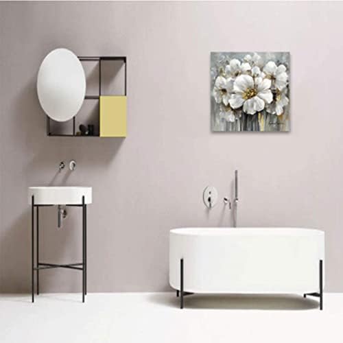 Цветни слики платно wallидна уметност - Бело цветно со злато за декор за бања во спална соба, врамена 24х24