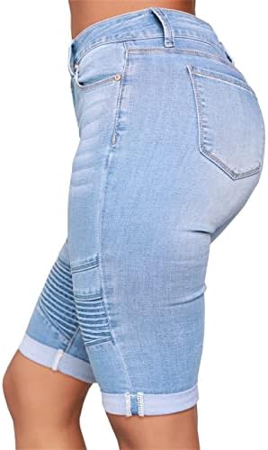 Женски обични високи половини потресени шорцеви преклопени полите Jeanан тексас шорцеви на коленото должина на кратки фармерки