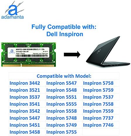 Adamanta 8GB компатибилен за Dell Alienware, Inspiron, Latitude, Optiplex, Precision, Vostro DDR3L 1600MHz PC3L-12800 SODIMM 2RX8
