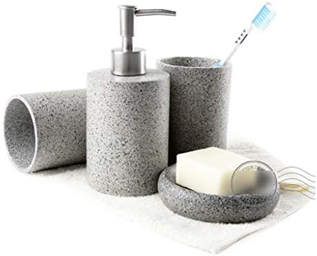 Сет за додатоци за бања HMEI Dispenser, Едноставен смола 4-парчен сет за бања, вклучува диспензер за сапун, Tumbler, сапун за сапун,
