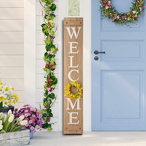 Glitzhome знак за добредојде за тремот на влезната врата рустикален фарма куќа дрвена висечка wallидна знак со 4 заменлив цветен венец за сезони пролетно лето есен жетва ?