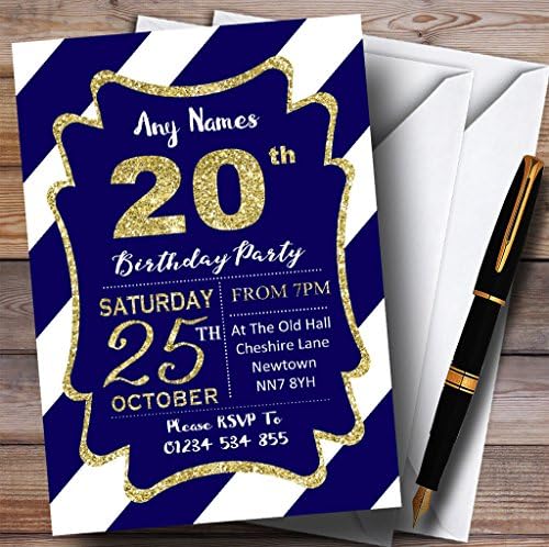 Картичката Зоолошката Градина Сино Бело Дијагонални Ленти Злато 20-Ти Персонализирани Покани За Роденденска Забава