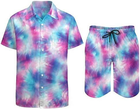 Врза за боење машка облека од 2 парчиња плажа на Хавајски копче надолу со кошула со краток ракав и костуми за шорцеви