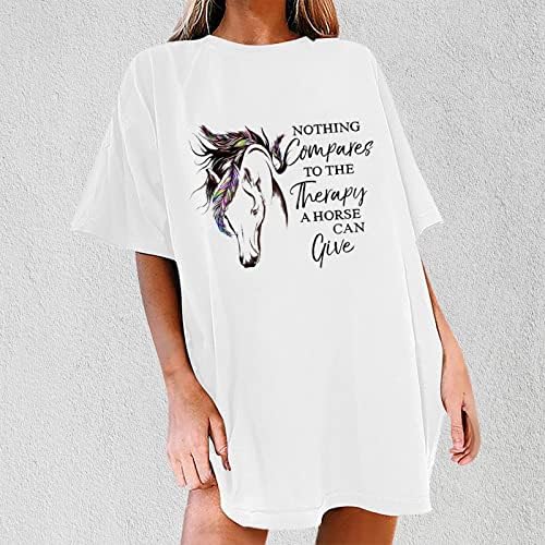 Коњска маица за жени кратки ракави лето на лето, смешно писмо за печатење на туники, обични пулвер со преголеми кошули блуза
