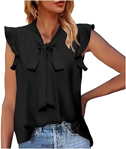 Lcepcyенски женски вратен врат шифон блузи модни летни каузални цврсти рифли со ракави без ракави кошули