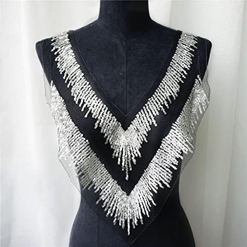 Zyzmh Сребрена секвенца Тасел црна мрежа чипка ткаенина V јака извезена наметка Апликации шива лепенка за фустан за декорација на венчавки DIY