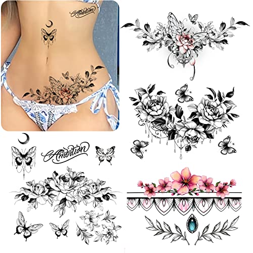 РОАРХАУЛ секси привремени тетоважи за жени,секси комплет за тетовирање, убави И извонредни,3д реални цвеќиња, пеперутки, стомак,
