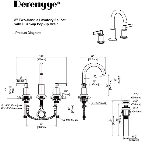 DERENGGE F-2085-BG Широко распространета тапа за бања 3 дупки, тапа за мијалник за бања со пластична појава на мозоци, се среќава со UPC