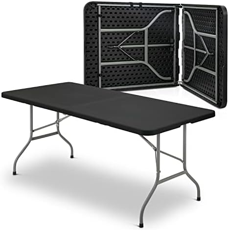 Monibloom 6ft Тешка пластична маса за преклопување, затворен преносен пикник -биро за пикник w/рачка и заклучување за кампување,