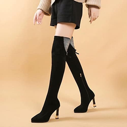 Women'sенски бут високо над чизмите на коленото мода од ринстон долги чизми средни бурни потпетици се протегаат тенок вклопуваат обични