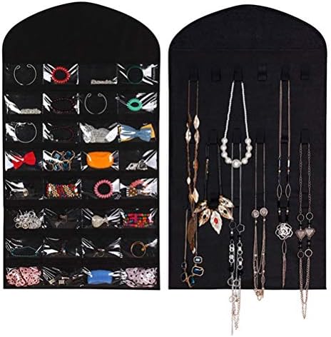 Организатор за виси за накит од мода на кабилок двострани 32 џебови и лента за складирање на куки за складирање на куки за чување обетки