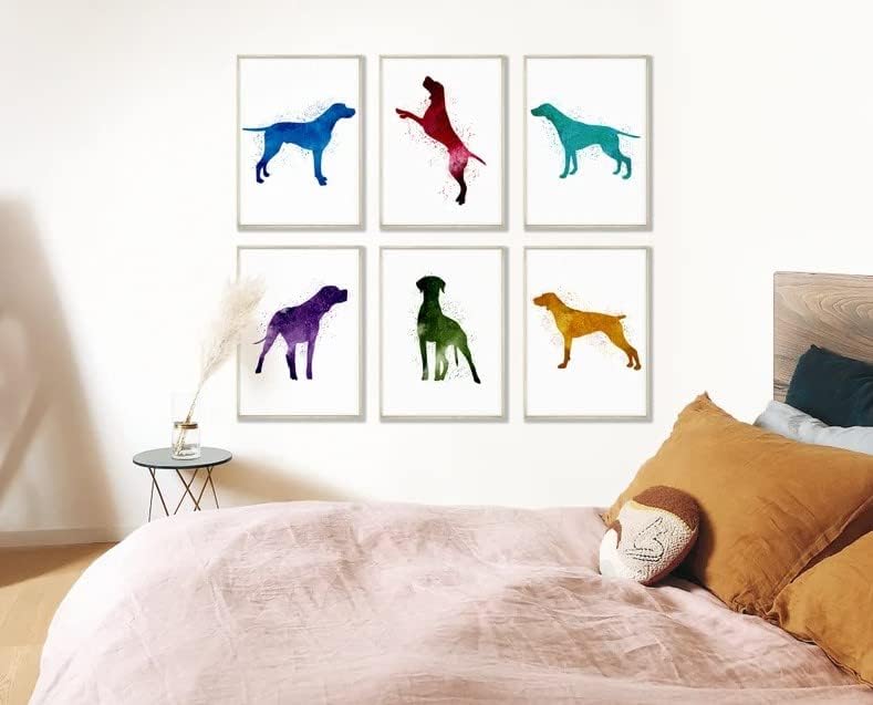 Германска Краткокоса Покажувач Минималистичка Ѕидна Уметност-Комплет од 6 Шарени Уметнички Слики Од Кучиња Со Прскање Домашна Декорација Модерна