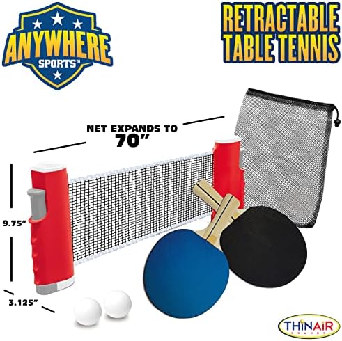 Сет на тенис за табела што може да се повлече, преносен за да се прицврсти на која било табела, вклучува две лопатки, две топки и торба