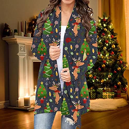 Christmasенски Божиќ лабава кардиган надворешна облека со долг ракав Божиќна печатење јакна мода случајна кутија за кардиган џемпер