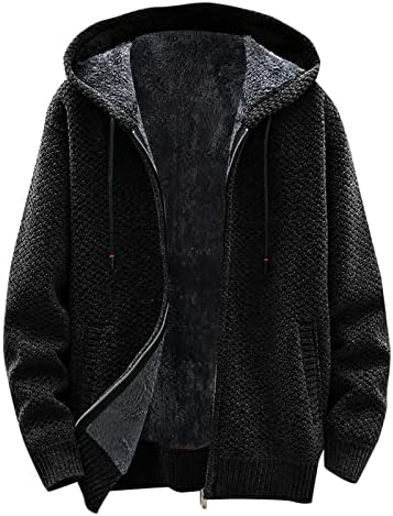 Ubst кардиган џемпер за мажи, зимска топла качулка плетена јакна кашмир руно внатрешно патент обичен тенок спој скокач палто