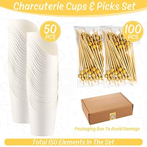Чаши од 50 парчиња Charcuterie со 100 парчиња коктел коктели, конуси за шифри за еднократна употреба картонска хартија чаши за