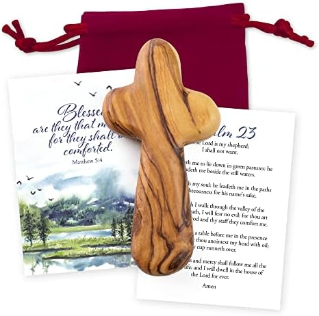 Крст за припивање на маслиново дрво од Витлеем со кадифена торбичка и картичка за стихови на Библијата - Матеј 5: 4 - Дрвен рачен