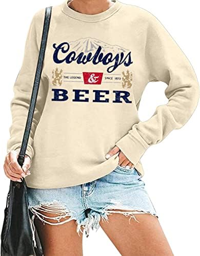 Каубои и пиво џемпер жени, земја музичка кошула, смешна пиење пулвер, врвна обична екипа вратот со долг ракав родео родео ти