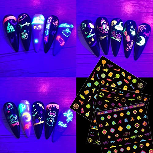 Tataimei 12 листови налепници за нокти на Ноќта на вештерките Сјај во неонски светлечки, флуоресцентен дизајн одличен за забава