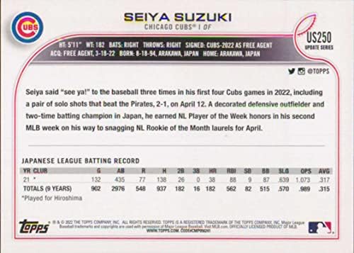 2022 Ажурирање на Топпс #US250 Seiya Suzuki NM-MT RC Chicago Cubs Baseball