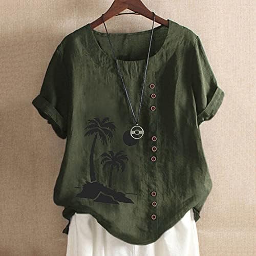 Женски памучни постелнини врвови обични облечени блузи летни тркалачки маички со кратки ракави за печатење на ракави, лабава кошула