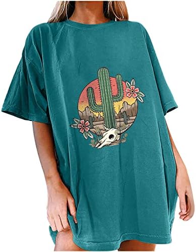 Капка маици за рамо за жени лабава графичка маичка за кратки ракави за западен кактус кошула Обични летни врвови