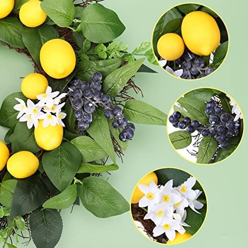 Започнувајќи 20 -инчен лимон Венец за влезна врата, пролетен летен венец со вештачки лисја од лимон од лимон од лимон и бели цвеќиња