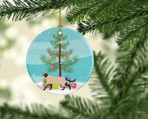 Богатства на Каролина CK4713CO1 Сијамски традиционални 2 мачки весели Божиќни керамички украси, украси за новогодишни елки, виси украс