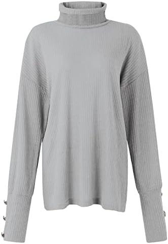 Женски слатки џемпери џемпер лабаво копче за пулвер до долга ракав цврста боја плетена дното на кошулата пад