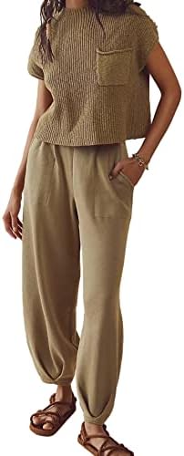 Aimiray женски џемпер облеки со две парчиња плетени пулвер врвот и лабави затегнати панталони за салони за салони