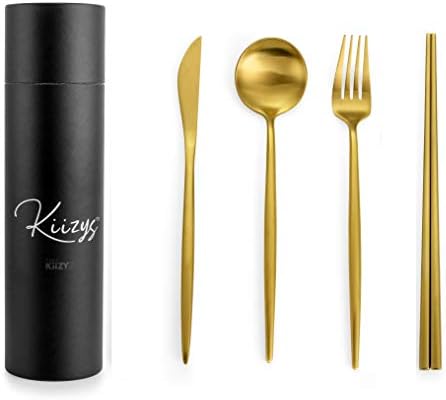 Мат злато Сет на сребрени производи - Киизис 8 -парчиња корејски прибор за јадење и лажица сет - Долга рачка за сервирање со вилушка за