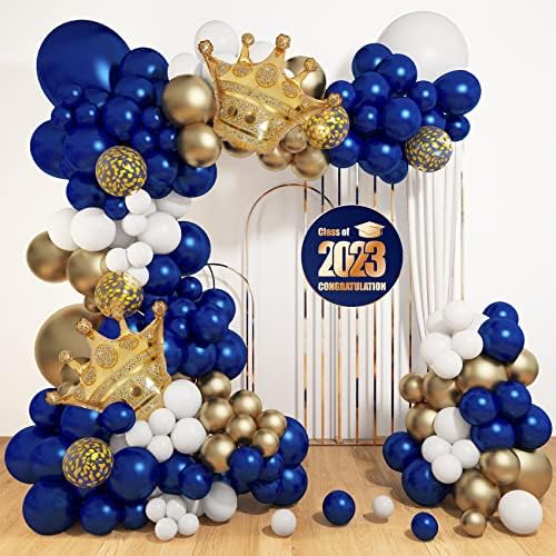 145 парчиња кралски сини и златни балони, класа за украси за дипломирање од 2023 година морнарица сина балон Гарланд комплет