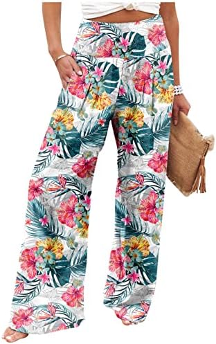 Панталони за жени, елегантни широки нозе со високи половини, цветни панталони со џебови