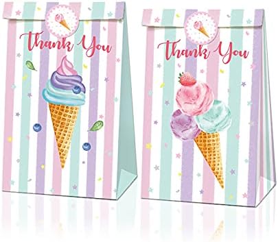 Cosfan 12 парчиња, торба за подароци за роденден со налепница сладолед печатена забава завиткана торбички торби за забави за слатки торби за мали забави