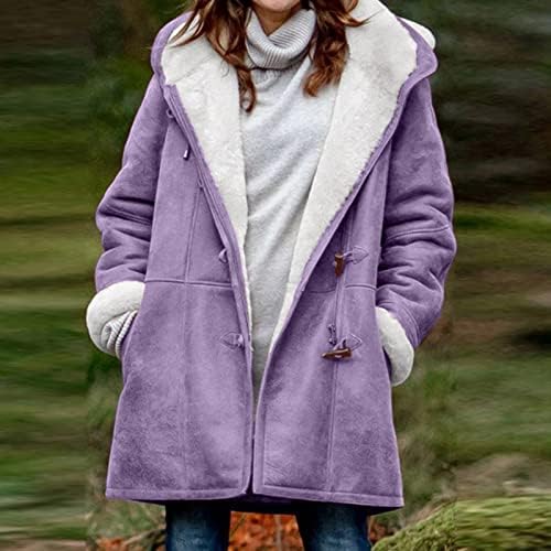Womenените зимски топло јакни Обично нејасно руно копче Шерпа, обложена јакна со палто Мода подебела надворешна облека со џебови